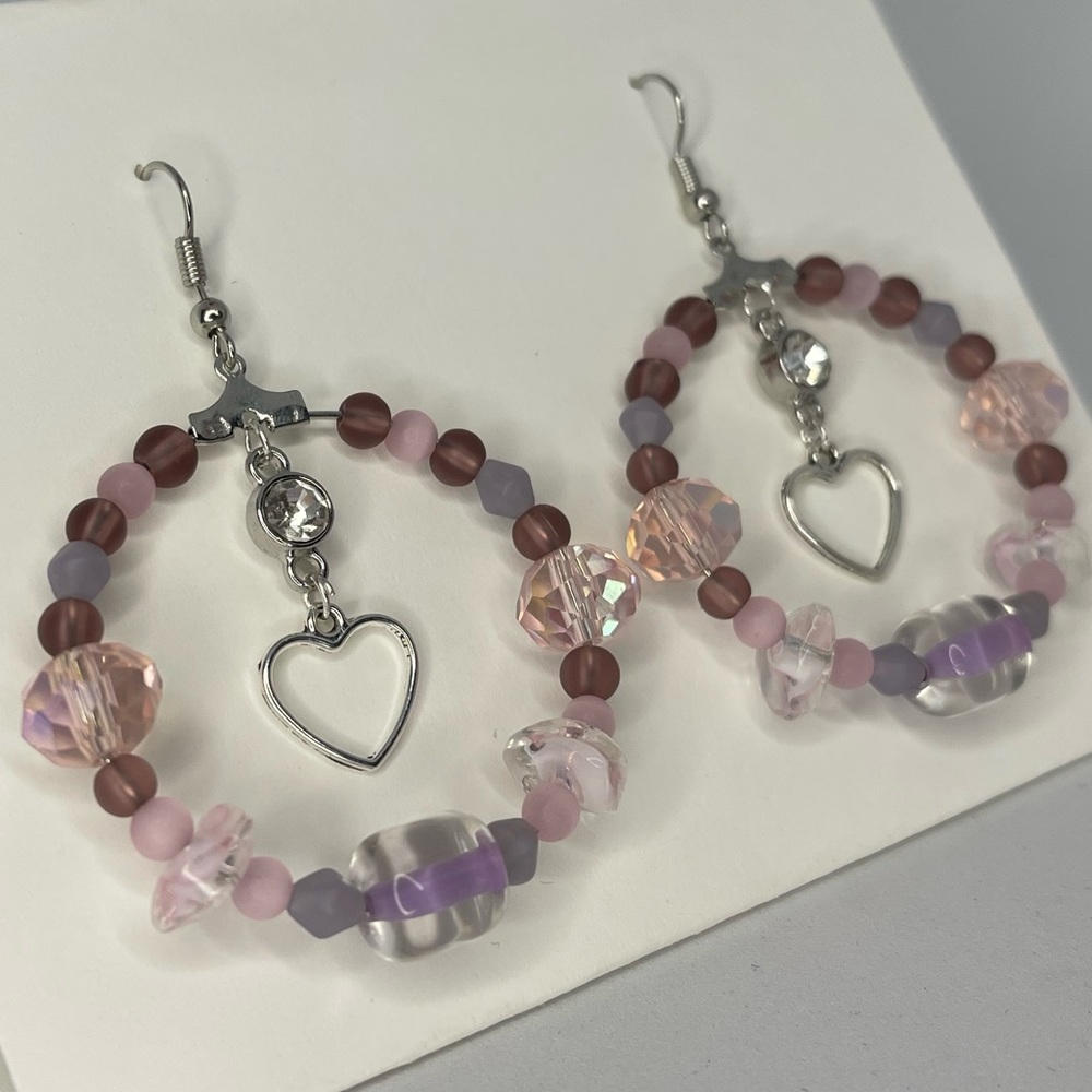 Handmade Pink & Purple Beaded Earrings with Hearts